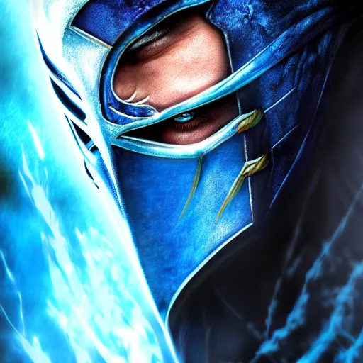 Image similar to a portrait of Sub Zero ,Grim fantasy, Mortal Kombat, blue aura, cold ice spark , HDR, natural light, shoulder level shot, dynamic pose, award winning photograph, Mucha style, 4k,