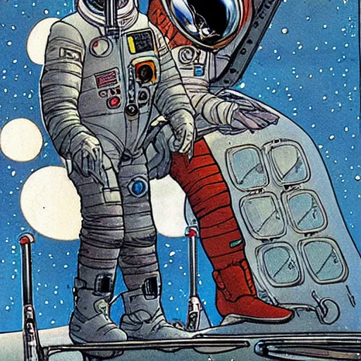 Image similar to astronaut girl fixing the spaceship by milo manara