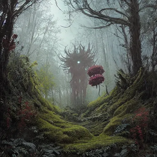 Image similar to a beautiful terrifying monster made out of moss and flowers, emerging from the undergrowth. ethereal horror fantasy art by greg rutkowski