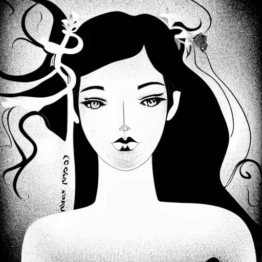 Prompt: black and white illustration, creative design, beautiful feminine mermaid with flowing hair