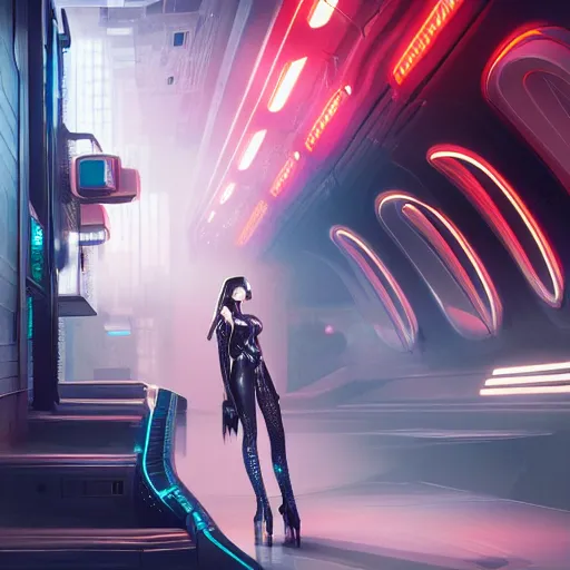 Prompt: futuristic cyberpunk inspired avant-garde art, deco fashion, highly detailed, photorealistic portrait, bright studio setting, studio lighting, crisp quality and light reflections, unreal engine 5 quality render