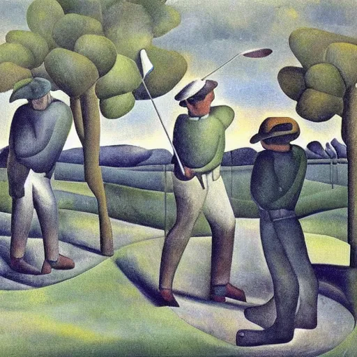 Image similar to Three golfers on a beautiful golf course, by Diego Rivera