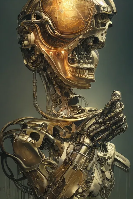 Image similar to Ultra realistic illustration, robot sitting, holding a human skull in it's hands, cyberpunk, sci-fi, fantasy, intricate, elegant, highly detailed, digital painting, artstation, concept art, smooth, sharp focus, illustration, art by artgerm and greg rutkowski and alphonse mucha