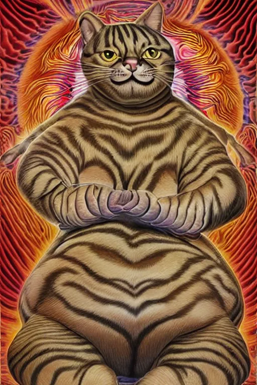 Prompt: obese tabby cat shaolin monk by alex grey, full body, extremely detailed