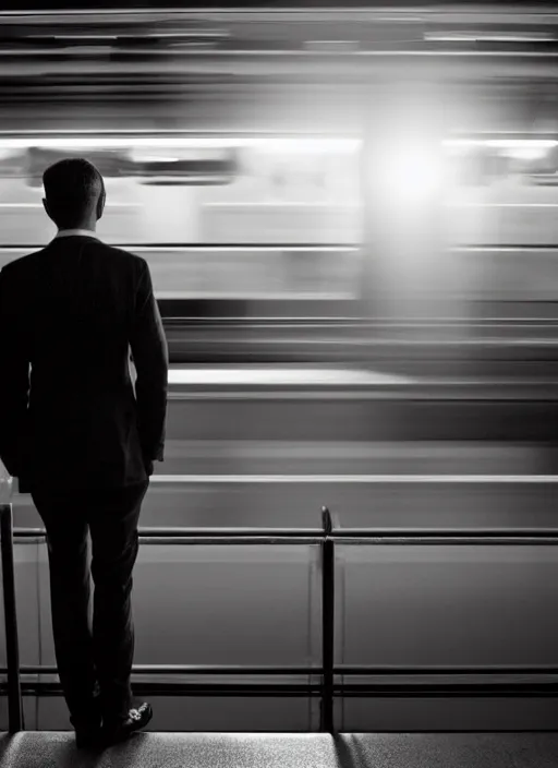 Prompt: a 3 5 mm photo from the back of a businessman standing on a subway platform, splash art, movie still, bokeh, canon 5 0 mm, cinematic lighting, dramatic, film, photography, golden hour, depth of field, award - winning, anamorphic lens flare, 8 k, hyper detailed, 3 5 mm film grain