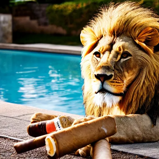 Prompt: a very detailed photo of a lion ( smoking a cigar ) outside the mansion by the pool