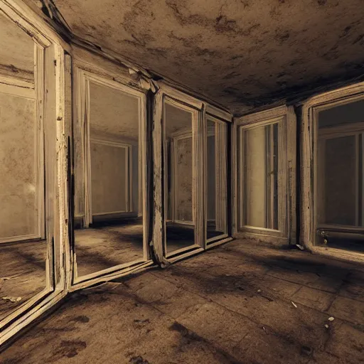 Image similar to a mirror room, full of mirrors, dark, inside abandoned house, 3d render, dynamic light, unreal engine, beautiful Concept art