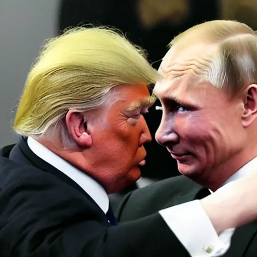 Prompt: Donald Trump reaching out to touch Vladimir Putin, replica of Michaelangelo painting Creation of Adam