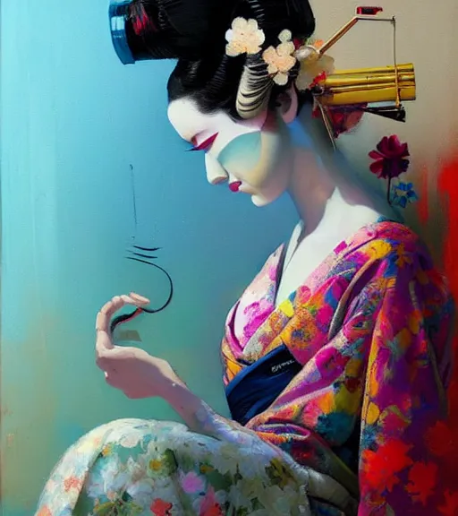 Prompt: delightful geisha, sleepwalk by bartholomew beal, alfio presotto, rhads, salustiano garcia cruz, lita cabellut, contemporary art, mixed media, whimsical art, detailed,