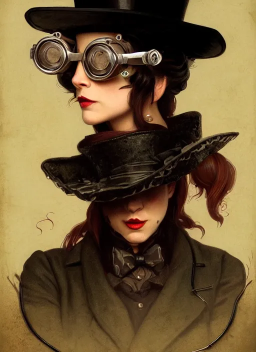 Image similar to highly detailed closeup portrait of jill the ripper wearing goggles and a top hat, stephen bliss, unreal engine, greg rutkowski, ilya kuvshinov, ross draws, tom bagshaw, tom whalen, alphonse mucha, nicoletta ceccoli, mark ryden, earl norem, global illumination, god rays, detailed and intricate environment