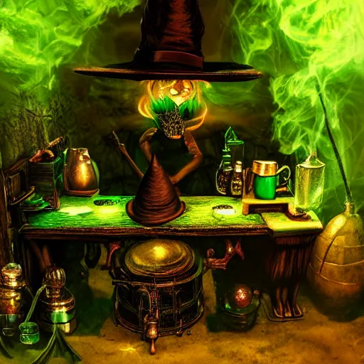 Prompt: close shot of an old fire witch brewing in her lair, detailed, witch hat, dungeon, green smoke, fire, smoke, realism, realistic, hyper detailed, green lighting, ambient lighting, smoke, haze,