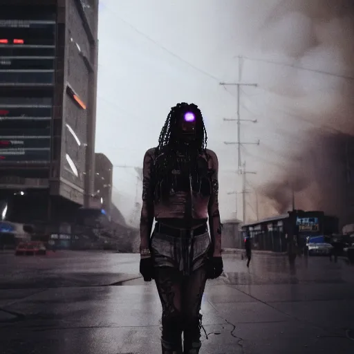 Image similar to Cinestill 50d candid photography of a city on fire, extreme wide shot of a poor techwear mixed woman wearing thick mascara and makeup crying outside of a futuristic city on fire, cyberpunk, tattoos, extreme long shot, desaturated, full shot, blurry, 4k, 8k, hd, full color