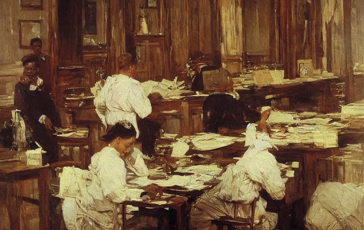 Prompt: colonial clerk working in office in lagos, 1905, highly detailed oil on canvas, by Ilya Repin