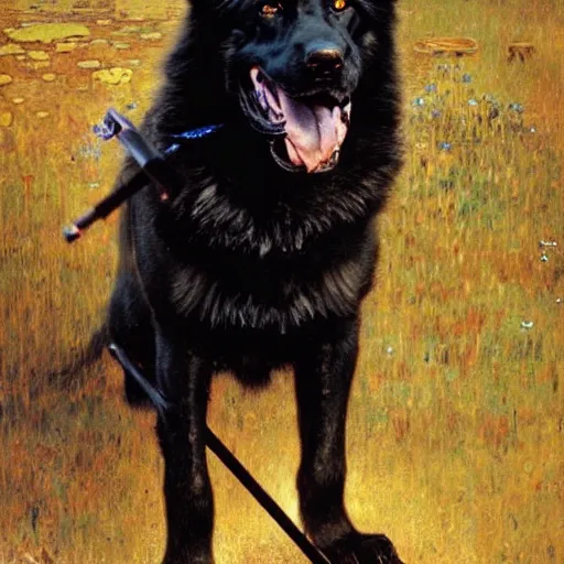 Image similar to a portrait of a black german shepard dogman canine with human eyes smiling holding a staff stick lord of the rings. highly detailed painting by gaston bussiere craig mullins jc leyendecker gustav klimt artgerm greg rutkowski