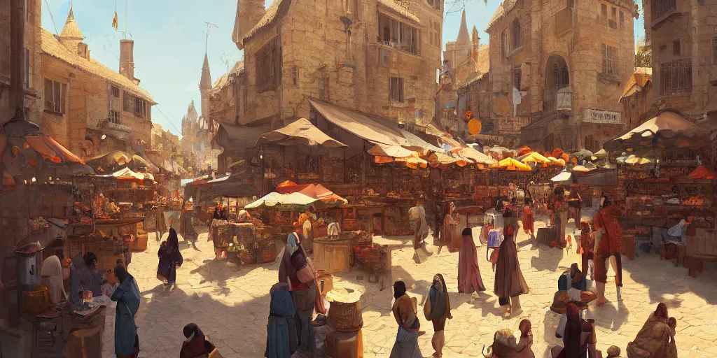 Image similar to a busy medieval Mediterranean street market in the style of Sylvain Sarrailh, beautiful digital art, cinematic composition, detailed, concept art, Matt painting, oil painting, high res