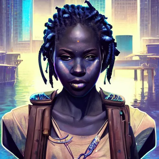 Prompt: african hydropunk bounty hunter, science fiction, highly detailed, digital painting, beautiful eyes, symmetry, concept art, sharp focus, illustration, global illumination, radiant light, synthwave colors, detailed and intricate environment, art by artgerm and greg rutkowski and magali villeneuve and ilya kuvshinov!