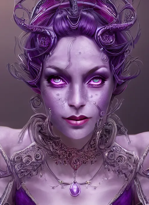 Image similar to purple skin, Tiefling , smiling, beautiful detailed eyes, cute, fantasy, intricate, elegant, highly detailed, digital painting, 4k, HDR, concept art, detailed jewelry, smooth, sharp focus, illustration, by Wayne Reynolds