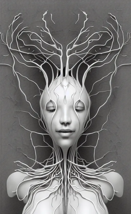 Image similar to black and white complex 3d render of 1 beautiful profile woman porcelain face, vegetal dragon cyborg, 150 mm, sinuous silver ghost orchid stems, roots, leaves, fine lace, maze-like, mandelbot fractal, anatomical, facial muscles, cable wires, microchip, elegant, highly detailed, black metalic armour with silver details, rim light, octane render, H.R. Giger style, David Uzochukwu