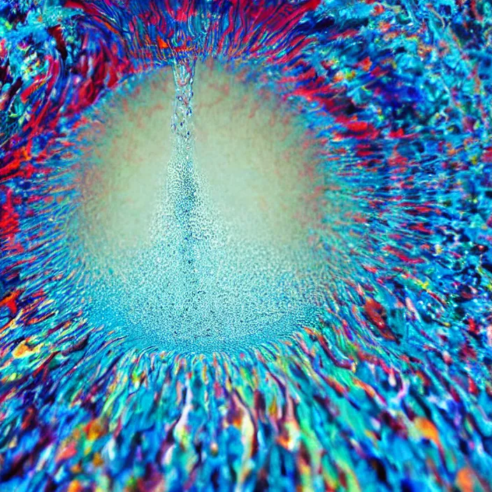 Prompt: a close up of water with a small hole in it, an airbrush painting by storm thorgerson, unsplash, psychedelic art, dye - transfer, poster art, psychedelic