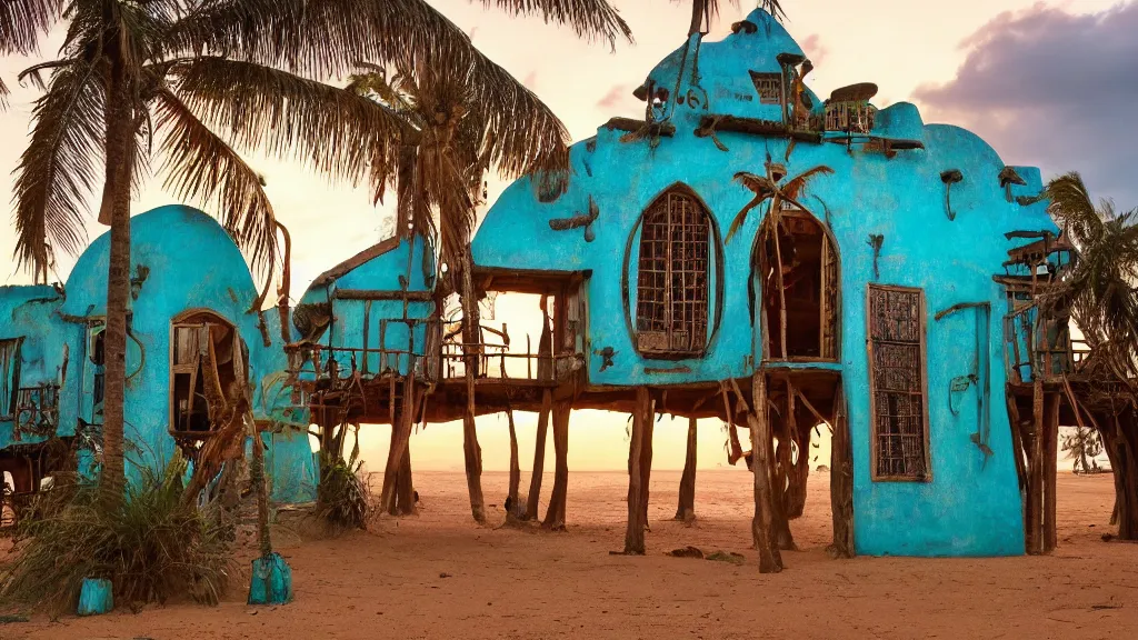 Image similar to west african village on stilts, solar punk, solar panels, strangler fig, turquoise beach, dragon blood tree, sunset, ornate gothic window details, cinematic,