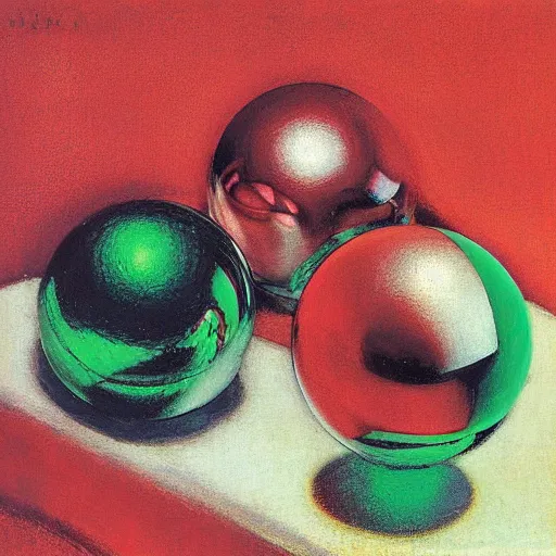 Prompt: chrome spheres on a red cube by mary cassatt