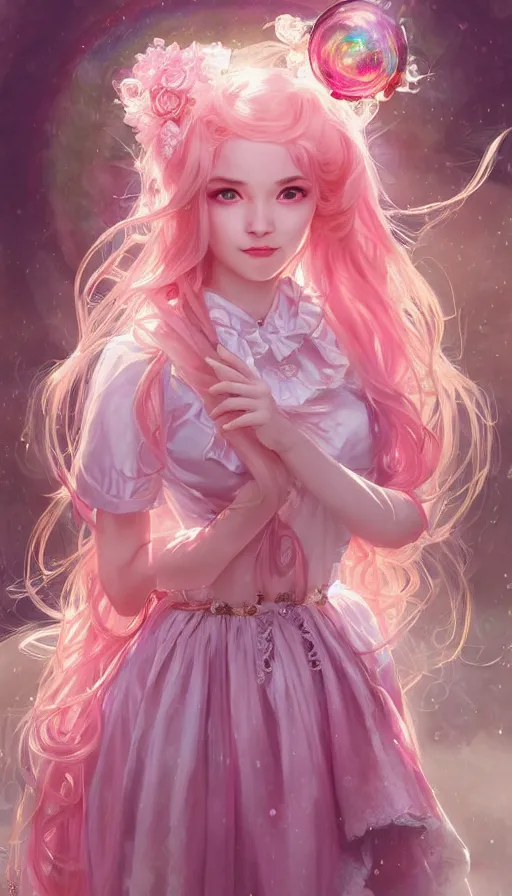 Prompt: portrait of magical lolita girl, dreamy and ethereal, expressive pose, big pink eyes, exciting expression, fantasy, intricate, elegant, many rainbow bubbles, rose tones, highly detailed, digital painting, artstation, concept art, cyberpunk wearing, smooth, sharp focus, illustration, art by artgerm and greg rutkowskiand alphonse mucha