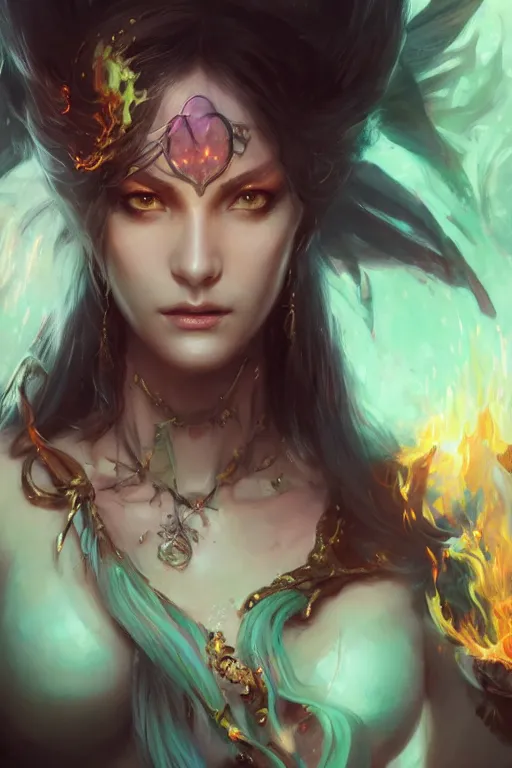 Prompt: face closeup beautiful girl necromancer casting spell, 3 d render, holding magic fire and electicity, hyper realistic detailed portrait, ruan jia, wlop, fantasy, hyper detailed, octane render, concept art, peter mohrbacher