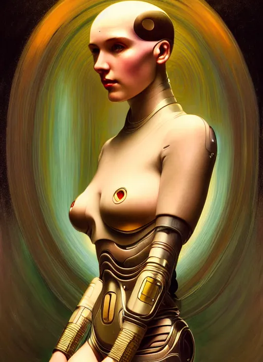 Prompt: portrait of a beautiful female android, coy, circuitry visible in head, in the style of ex machina, digital painting, karol bak, alphonse mucha, gil elvgren, award winning, hr giger, artstation, 8 k