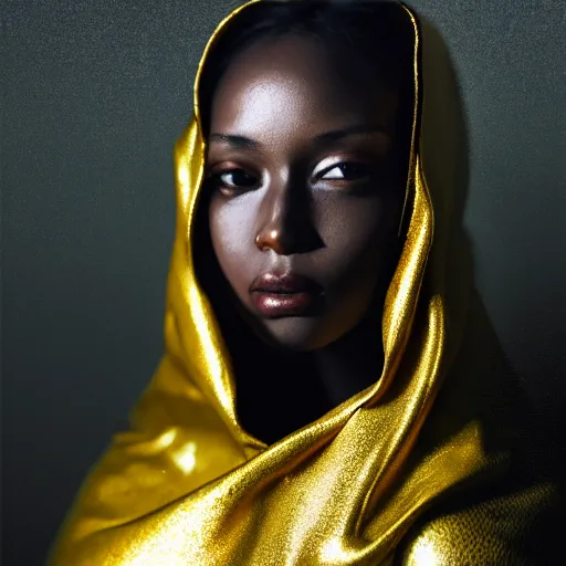 Image similar to a portrait of a young black woman wearing a long dark cloak, hood and shadows covering face, wearing shiny gold, oil painting, matte painting, black background, Volumetric Golden dappled dynamic lighting, Highly Detailed, Cinematic Lighting, Unreal Engine, 8k, HD, by Beksinski