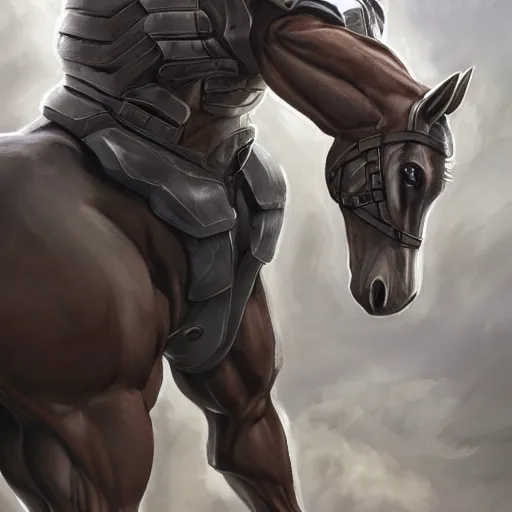 Image similar to a musclebound anthropomorphized horse with a magnificently muscular physique wearing a tight kevlar battle outfit standing guard at a facility, equine, anthro art, furaffinity, highly detailed, digital painting, artstation, sharp focus, game art, concept art, illustration, art by artgerm, greg rutkowski, wlop