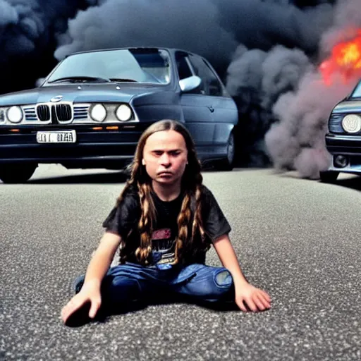 Prompt: close - up of angry greta thunberg with a bmw m 3 e 3 0 in the background, spewing black smoke from it's exhaust