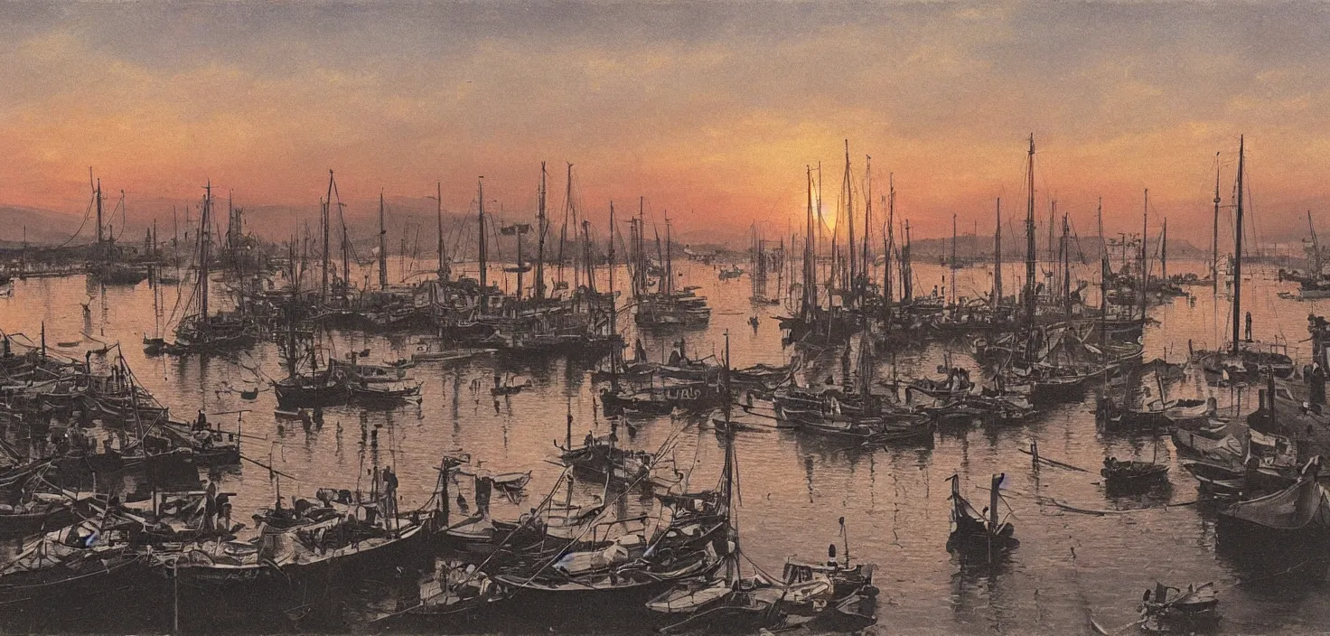 Image similar to beautiful sunset over a busy shipyard, trogir golden hour, 1 9 0 0 s photograph