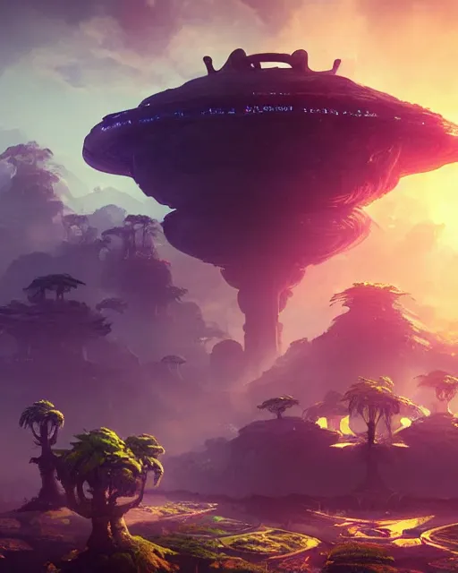 Image similar to alien temple, beautiful landscape, nier automata, protoss!!!!, machine planet, mothership in the sky, pink sun, tropical forest, colorful light, advanced technology, cinematic lighting, highly detailed, masterpiece, art by bastien grivet and darwin cellis and jan urschel