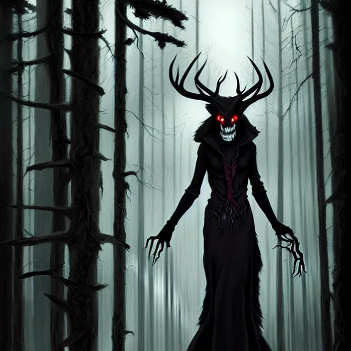 Image similar to style artgerm, joshua middleton, steve niles, gerald brom, scary wendigo with antlers and skull face mixed with werewolf, beautiful witch wearing a black dress on the right side, in the forest, detailed, dark and foggy, cinematic lighting