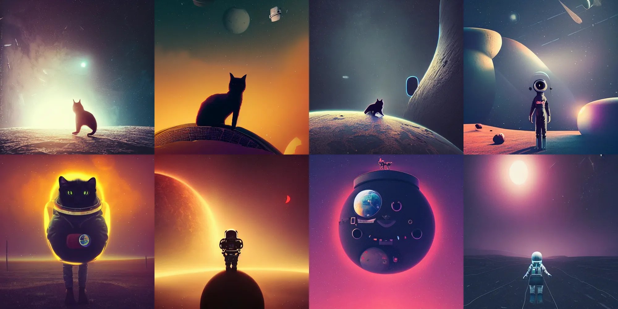 Image similar to beautiful dark landscape, a black cat dressed as an astronaut, in the style of beeple and Mike Winkelmann, intricate, epic lighting, cinematic composition, hyper realistic, 8k resolution,