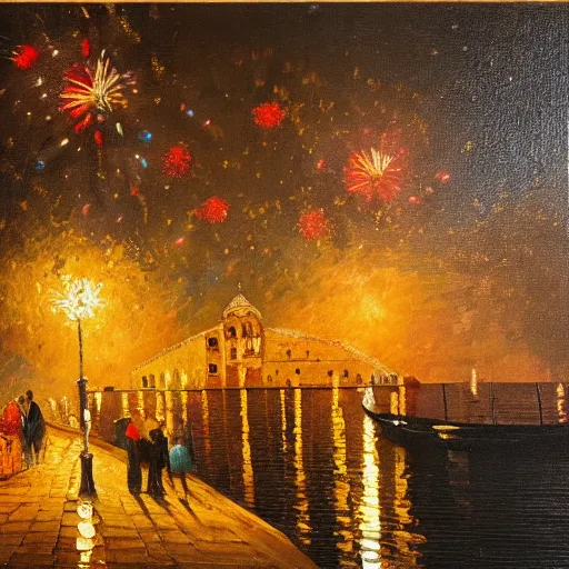 Image similar to an oil painting of couple kissing, in a background fireworks in venice