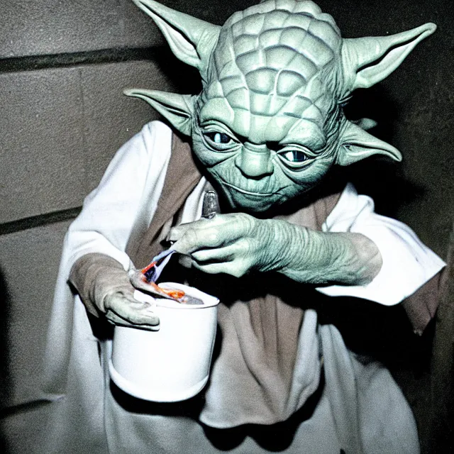 Prompt: disposable camera photo of yoda snorting a line of coke in a dark nightclub bathroom, taken with flash on