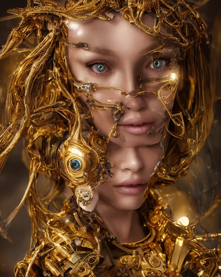 Prompt: a stunning young female cyborg made of gold, gemstones, diamonds, by pre - raphaelite brotherhood, unreal engine, glamor shot, nikon d 7 5 0, closeup, f / 2. 8, low contrast, 1 6 k, rim lighting, optical fiber, cinematic lighting, insanely detailed and intricate, hypermaximalist, elegant, ornate, hyper realistic