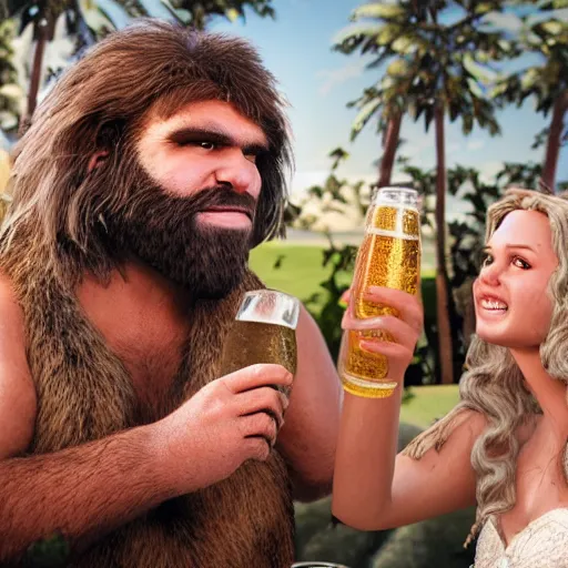 Prompt: caveman getting married drinking a beer in real life, intricate, highly detailed, detailed, hyper realistic, 4 k, 8 k uhd, realistic, great detail