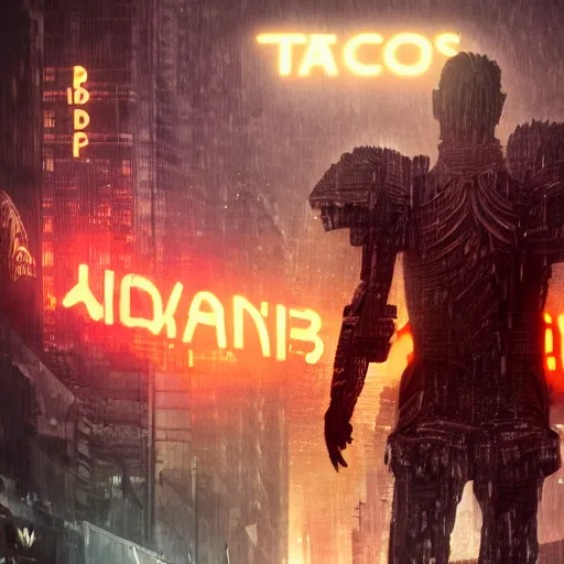 Image similar to a midieval warrior wearing tacos for armor, in the a blade runner like city, detailed, 4k,