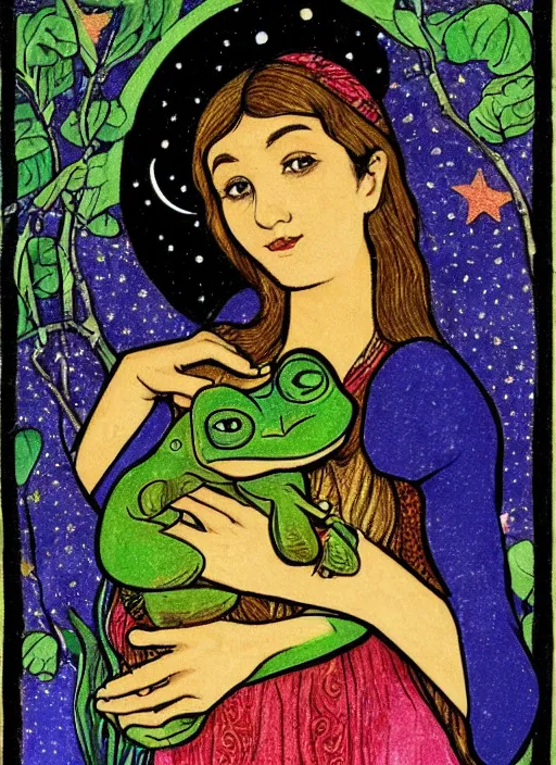 Image similar to portrait of a young woman holding a frog ; forest ; moon and stars ; slavic tale ; ivan bilibin style ; 8 k ;