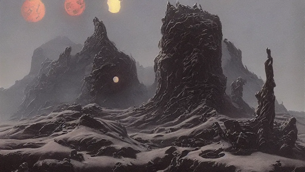 Image similar to eerie atmospheric evolving alien planet by gerald brom and vincent di fate, epic cinematic matte painting