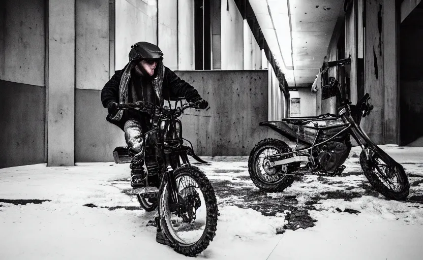 Image similar to cinestill 5 0 d candid photographic portrait by helen levitt of britt lower wearing rugged black mesh techwear on a dirtbike through an abandoned mall, extreme closeup, modern cyberpunk moody emotional cinematic, snow storm, 8 k, hd, high resolution, 3 5 mm, f / 3 2, ultra realistic faces, ex machina