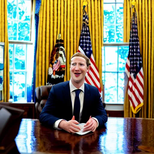 Image similar to Mark Zuckerberg the president of the united states sitting in the oval office, closeup, EOS-1D, f/1.4, ISO 200, 1/160s, 8K, RAW, unedited, symmetrical balance, in-frame, Photoshop, Nvidia, Topaz AI