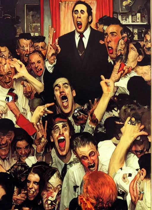 Prompt: nicholas cage screaming about crazy evil in his own living room, painted by norman rockwell and phil hale and tom lovell and frank schoonover