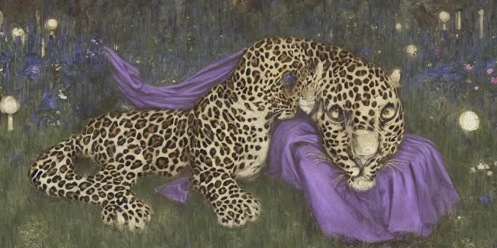 Image similar to 3 d precious moments leopard plush / female hybrid wrapped in a muted purple shroud, sitting in a cemetery at night, under a sea of stars, ebony / periwinkle / slate blue / yellow green color palette, master painter and art style of john william waterhouse and caspar david friedrich and philipp otto runge