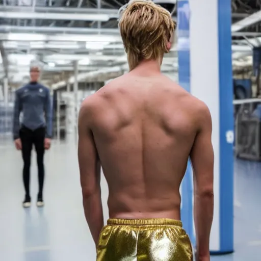 Image similar to a realistic detailed photo of a guy who is an attractive humanoid who is half robot and half humanoid, who is a male android, soccer players martin ødegaard, shiny skin, posing like a statue, blank stare, in a factory, on display, showing off his muscles, gold soccer shorts, back view