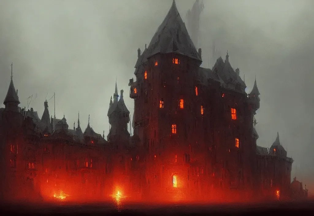 Image similar to a castle on fire, night, foggy, gloomy, mysterious, artstation, jakub rozalski, high detail