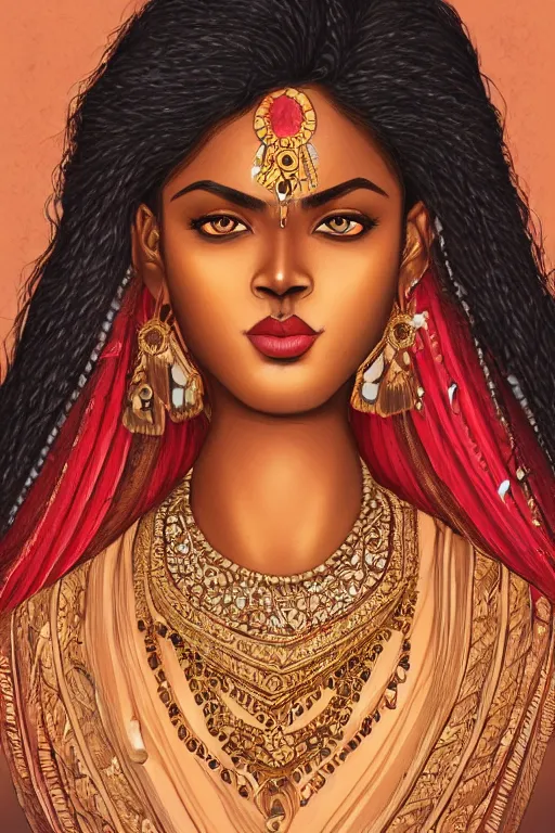 Image similar to A bust of a beautiful black skinned Indian girl with large lips and smooth eyebrows and straight hair, HD, illustration, epic, fantasy, intricate, elegant, amazing detail, digital painting, artstation, concept art, smooth, sharp focus, illustration, art by Turine Tran