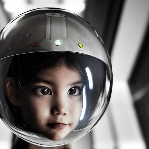 Prompt: a cyborg girl with a shiny spherical reflective glass helmet, looking straight at the camera. close-up, 20mm wide-angle, monochrome, high contrast, lit by big softboxes